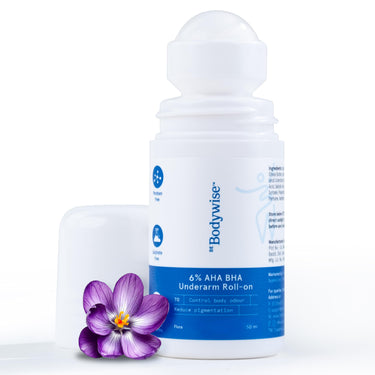 Be Bodywise 6% AHA BHA Underarm Roll On Deodorant | Flora Fragrance | With 1% Mandelic Acid, 4% Lactic Acid,1% Salicylic acid & Kojic Acid | Prevents Body Odour, Fades Pigmentation, Kills Bacteria | Alcohol & Aluminum Free | 50ml